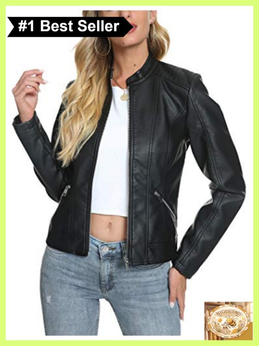 Faux Leather Stand Collar Moto Jacket Slim Fit Long Sleeve Women's Outerwear